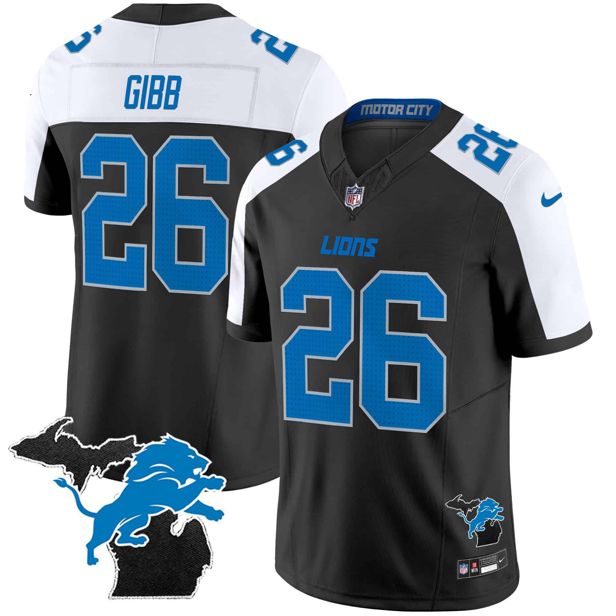 Men Detroit Lions #26 Gibb Black 2024 Nike Michigan Patch Vapor Limited NFL Jersey